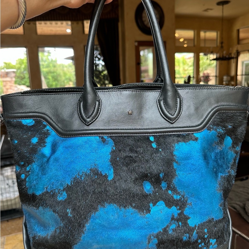 ASH Black Cowhide and Calf hair Metallic Blue Tote Satchel